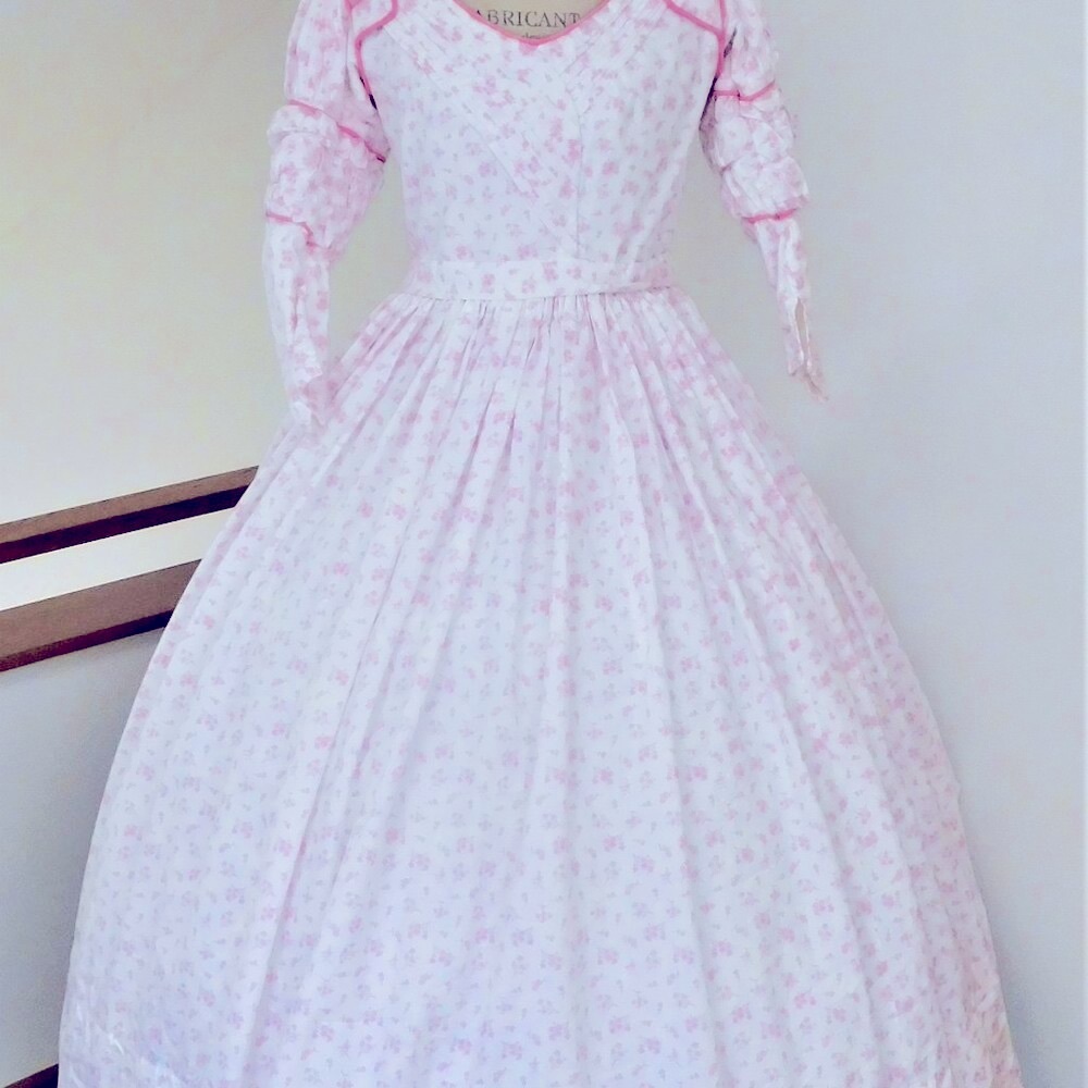 Handmade Pink & White Floral Civil War Era Summer Dress with Pleating Details